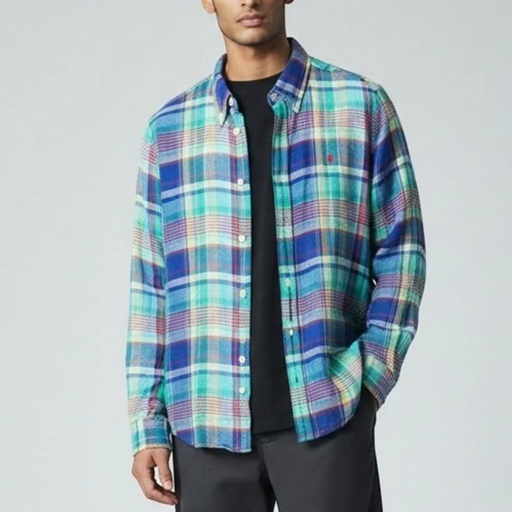 Ralph Lauren Multicolor Plaid Slub Linen Button Down Shirt Blue Green Youth Lg